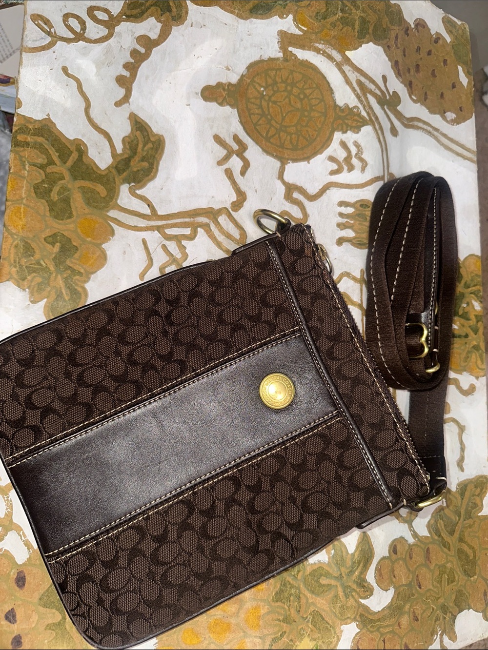 Coach Brown Signature Canvas Messenger Bag with Dark Brown Leather Trim